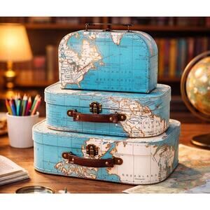 Suitcase Storage Set 3 Nesting Boxes World Map Atlas Blue Travel Decor Storage